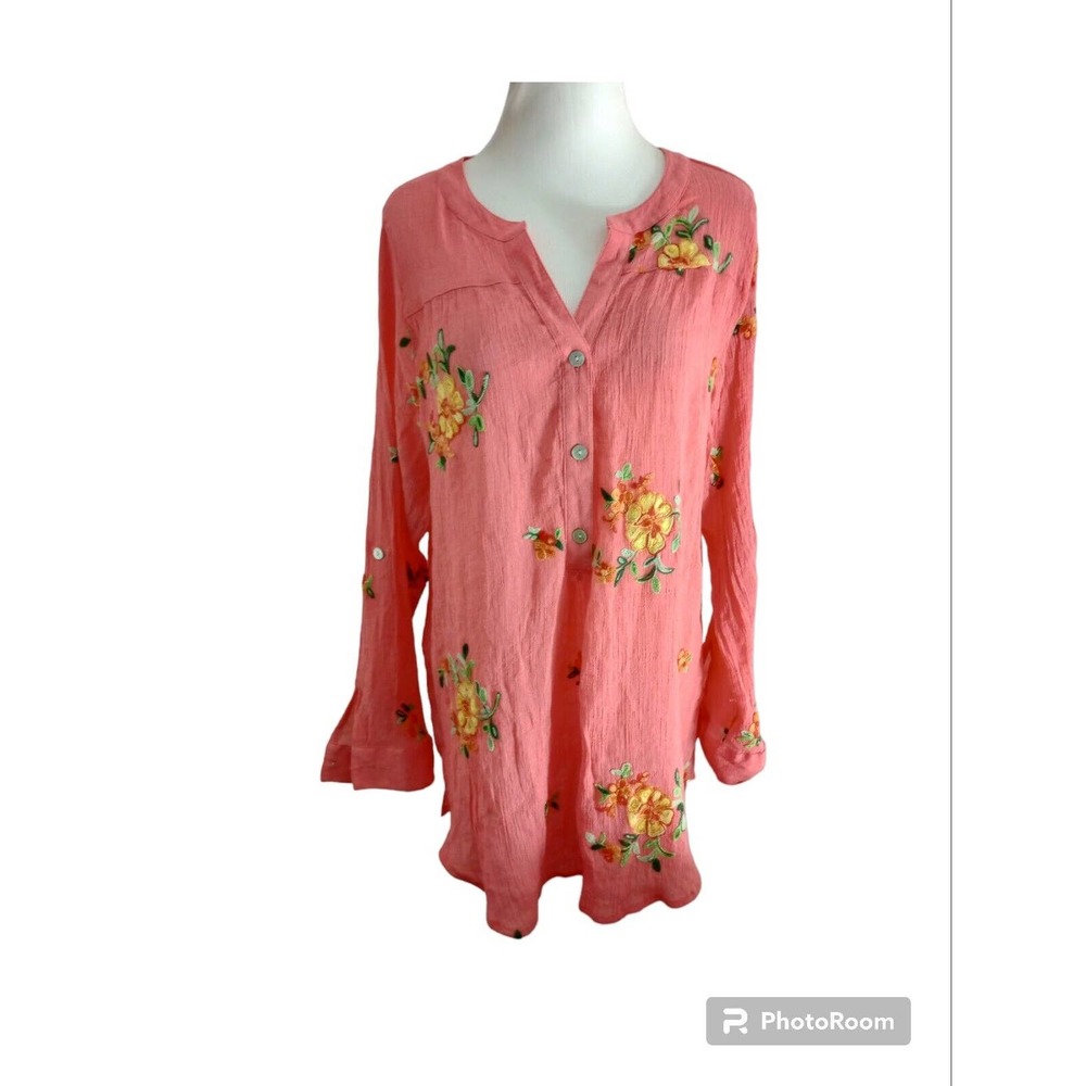 Fig And Flower‎ Womens Blouse Size 1X Floral Embroidered Button Up Boho Gauzy